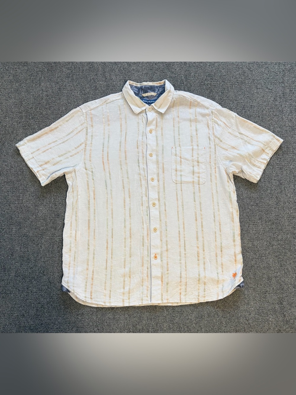 Tommy Bahama Mens Large Linen Blend Shirt Short Sleeve Striped Button Up L